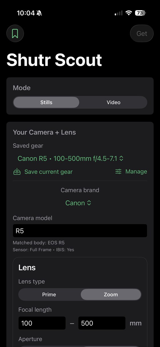Shutr Scout, choose your camera, lens and mode