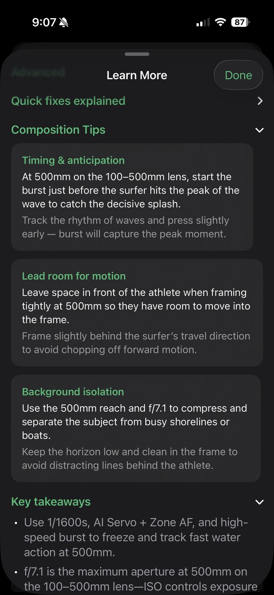 A peek at the Learn More feature, settings explained plus composition tips