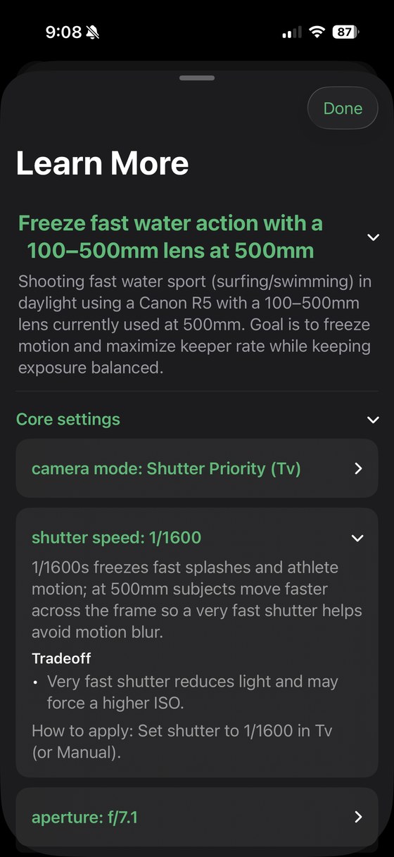 Learn More explaining the shutter speed setting